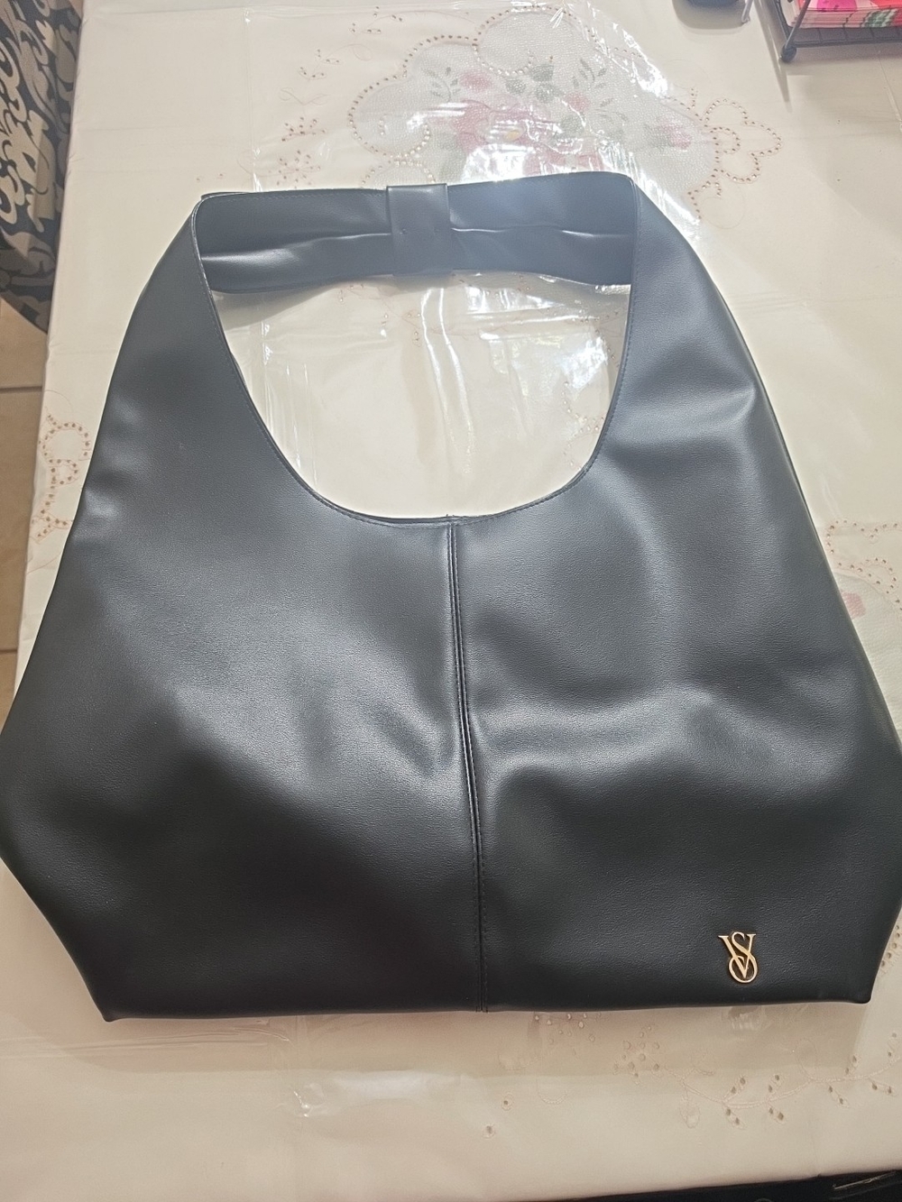 Black Shoulder Tote with Gold Monogram Accent